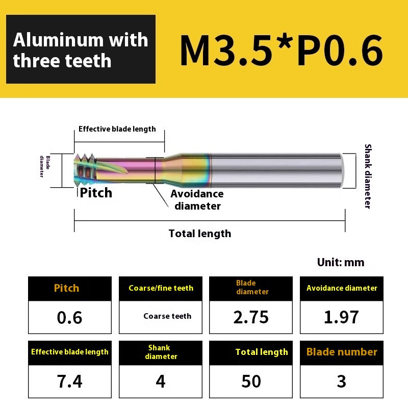 2136-65° aluminum with colorful thread milling cutter lengthened single tooth three-tooth full thread machining center tungsten carbide milling cutter M3M4M5 Shandong Denso Pricision Tools Co.,Ltd.